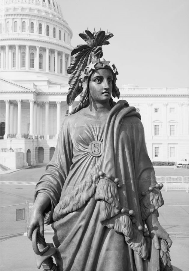Close up view of the Statue of Freedom, removed from the dome in 1993 for restoration. Courtesy of the Library of Congress.