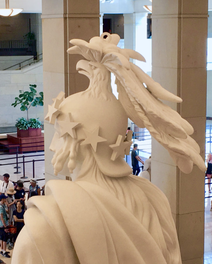 Close up view of the plaster model of the Statue of Freedom on display in the Capitol visitor’s center. Photograph by author.