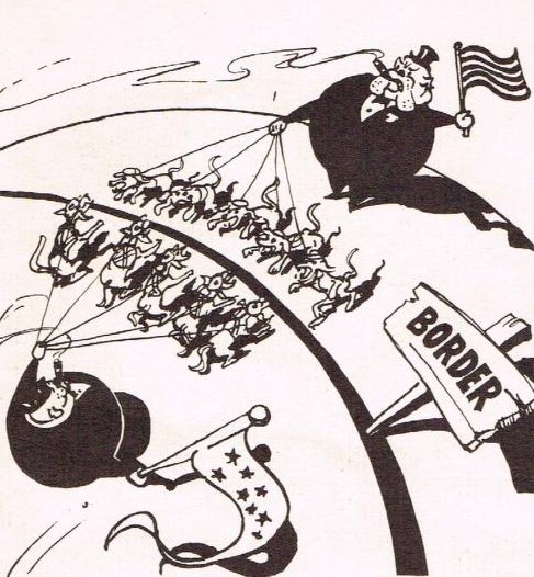 Jim Peck was one of the imprisoned conscientious objectors who took part in the Danbury strike. His fierce opposition to economic and racial oppression is demonstrated in this illustration from his 1951 book Underdogs v. Upperdogs, which depicts Peck’s belief of how capitalist interests exploit nationalism to pit average people against each other. 